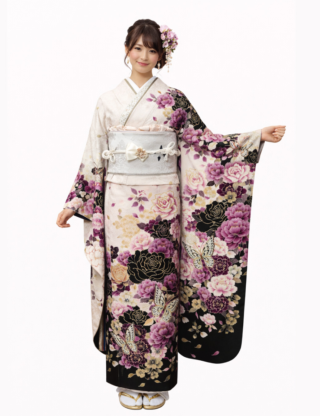 兵庫県　姫路　振袖レンタル　L　サイズ　白　黒　紫