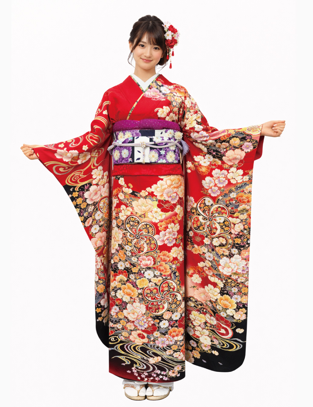 古典　捩じり梅　赤色振袖レンタル