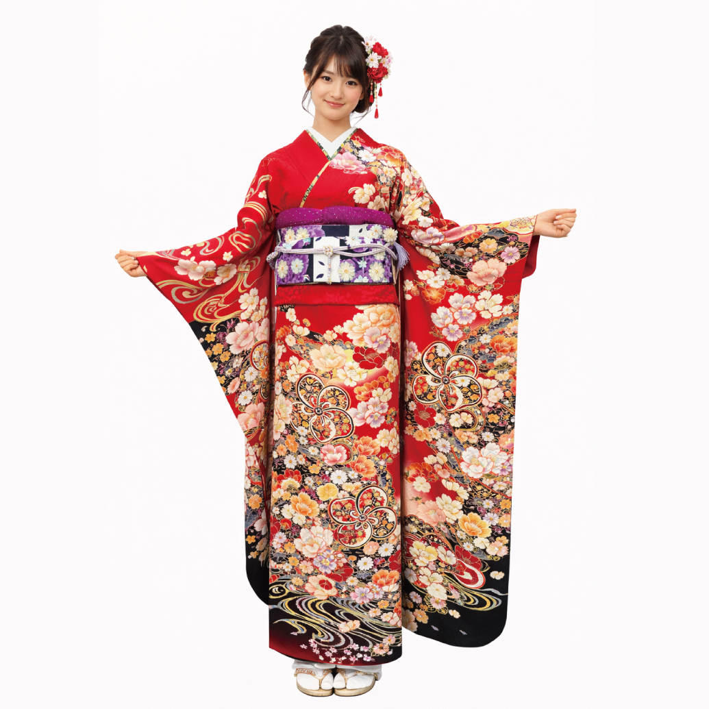 古典 捩じり梅 赤色振袖レンタル