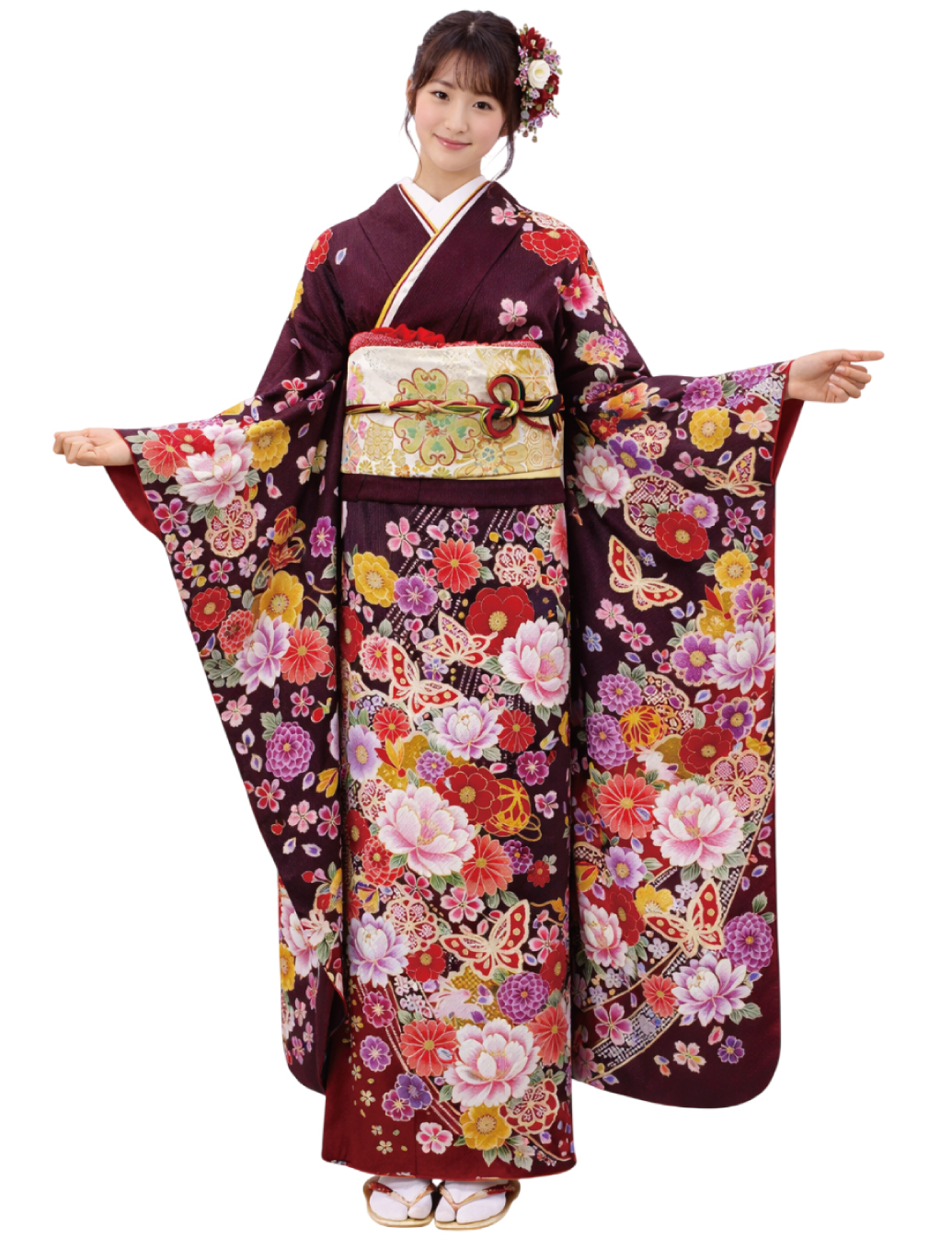 こげ茶の振袖レンタル　Mサイズ　手毬　蝶　花