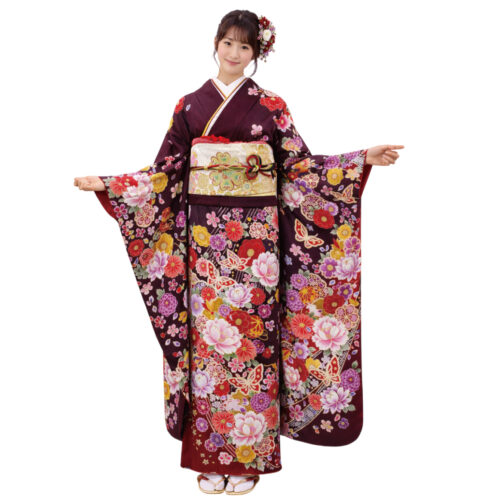 こげ茶の振袖レンタル　Mサイズ　手毬　蝶　花