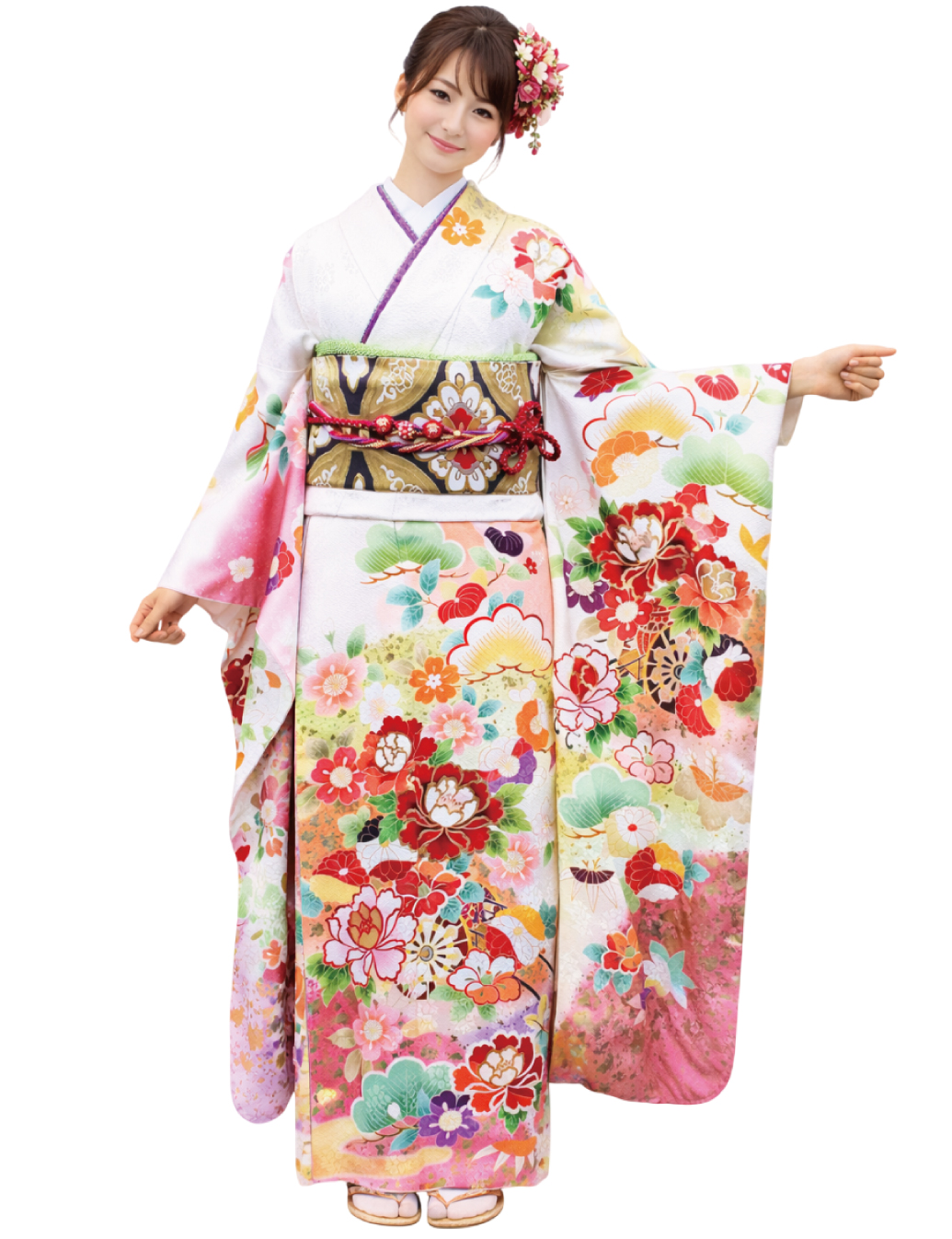 振袖レンタル Mサイズ 白色 古典 松竹梅牡丹