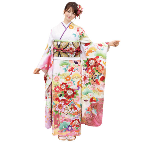 振袖レンタル　Mサイズ　白色　古典　松竹梅牡丹