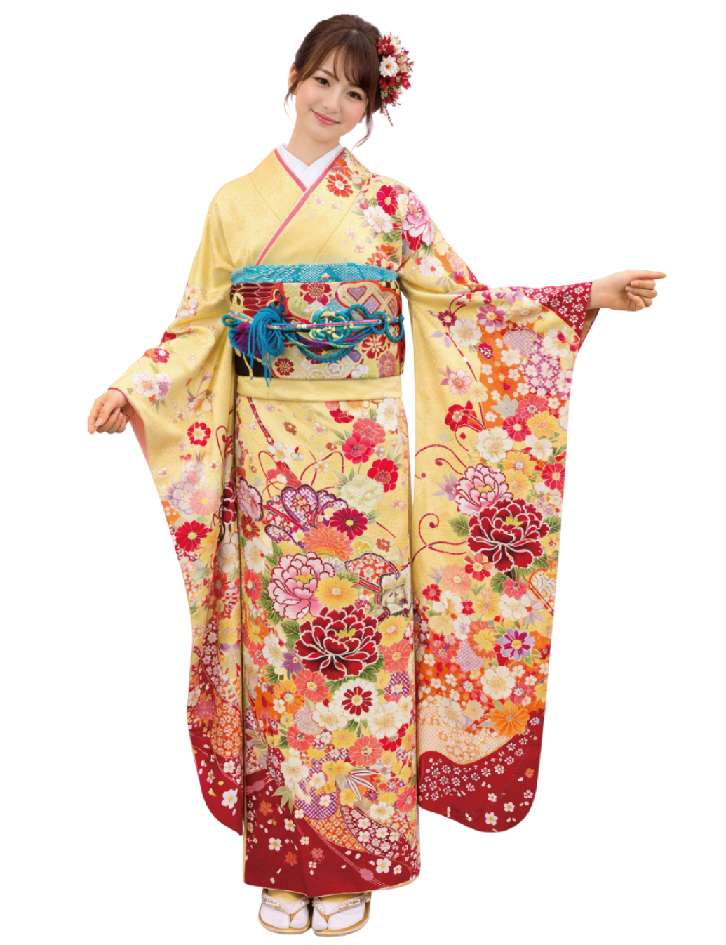 振袖レンタル　Mサイズ　黄色の牡丹柄古典