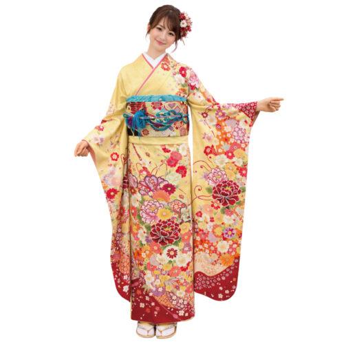 振袖レンタル　Mサイズ　黄色の牡丹柄古典