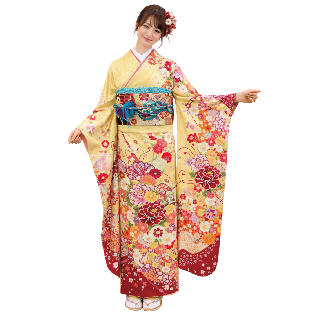 振袖レンタル Mサイズ 黄色の牡丹柄古典