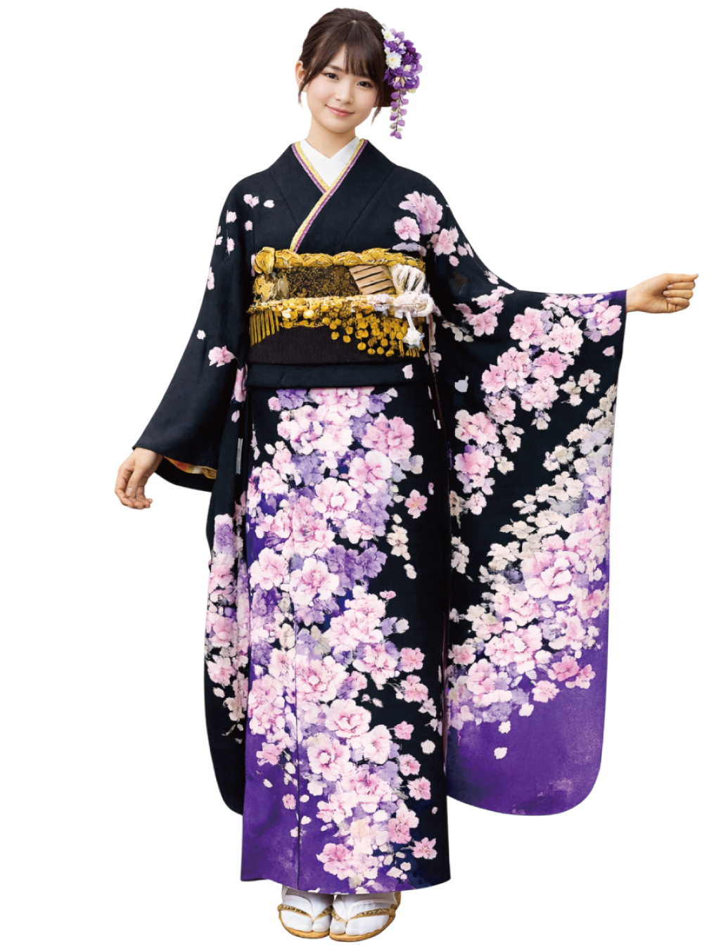 黒色の振袖レンタルMサイズ、薔薇柄