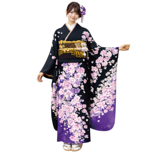 黒色の振袖レンタルMサイズ、薔薇柄