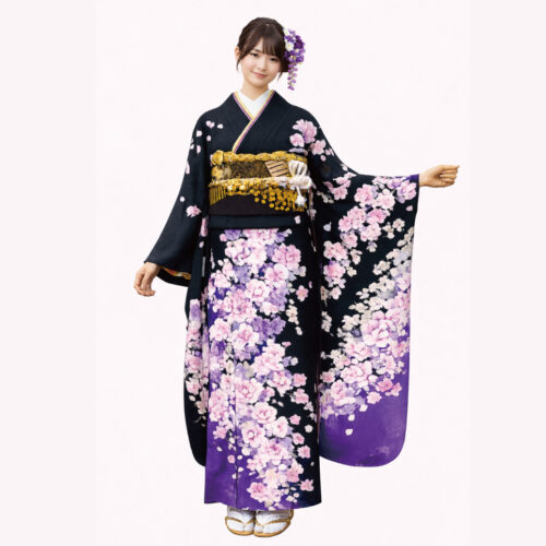 黒色の振袖レンタルMサイズ、薔薇柄