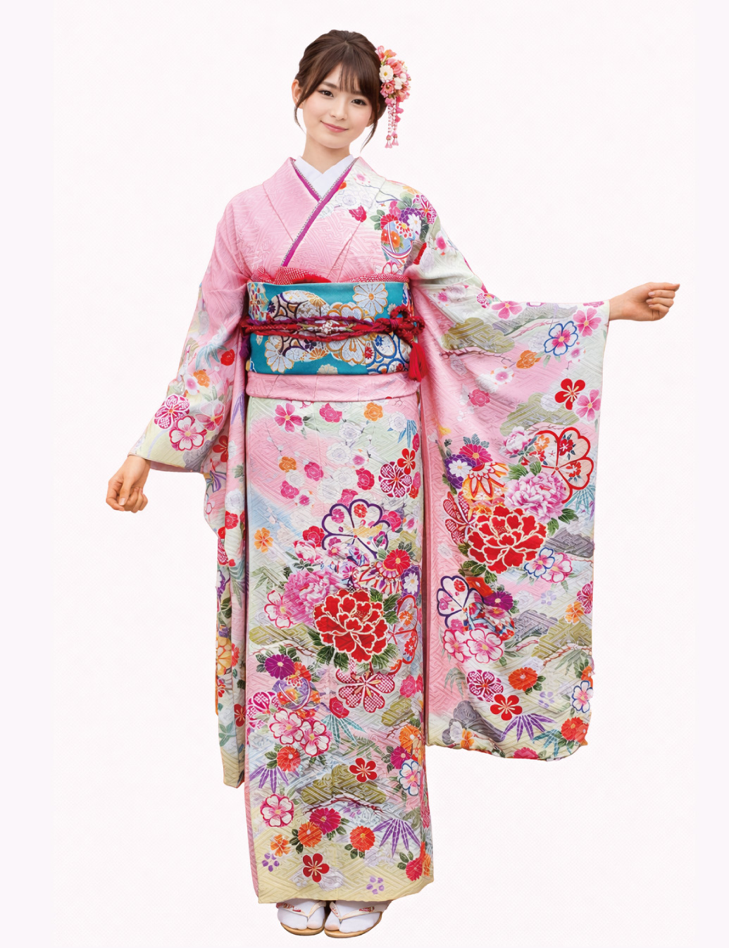 桃色ピンク色の振袖レンタルSサイズです。四季の花