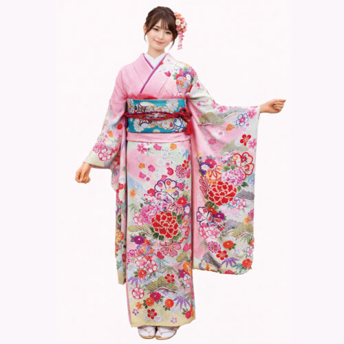 桃色ピンク色の振袖レンタルSサイズです。四季の花