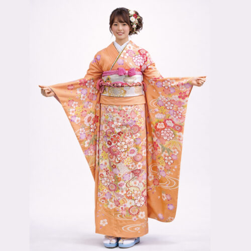 オレンジ色振袖レンタル　LLサイズ　オレンジ　橙　2Lサイズ　桜柄