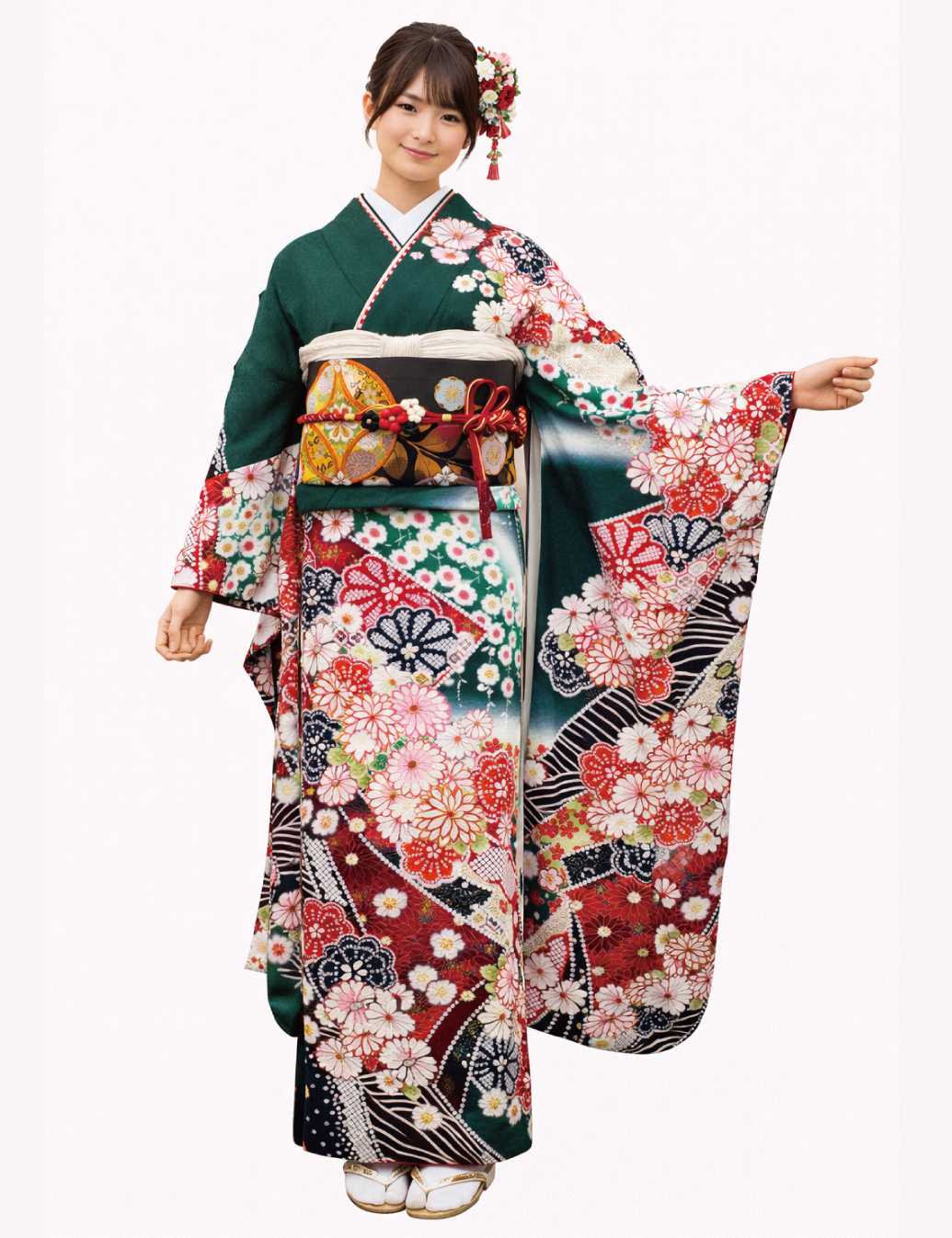 緑色の振袖レンタル　Sサイズ　絞り風　菊