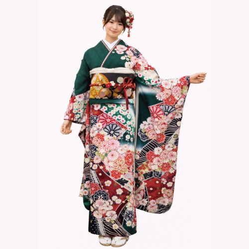 緑色の振袖レンタル　Sサイズ　絞り風　菊