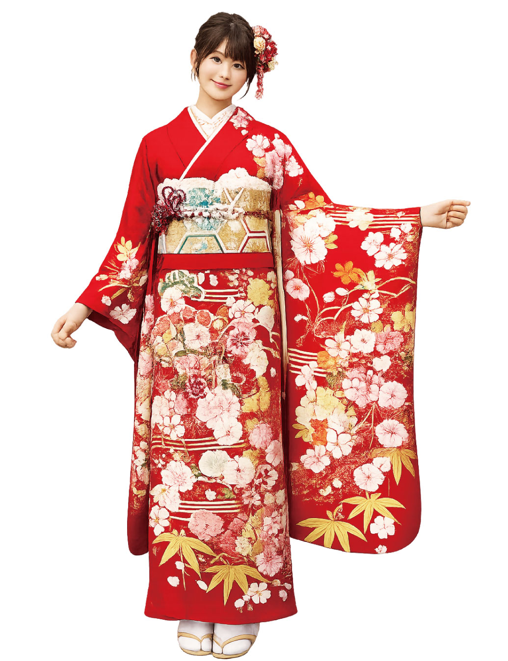 赤色の扇柄、振袖レンタルMサイズ　扇・桜振袖レンタルです。