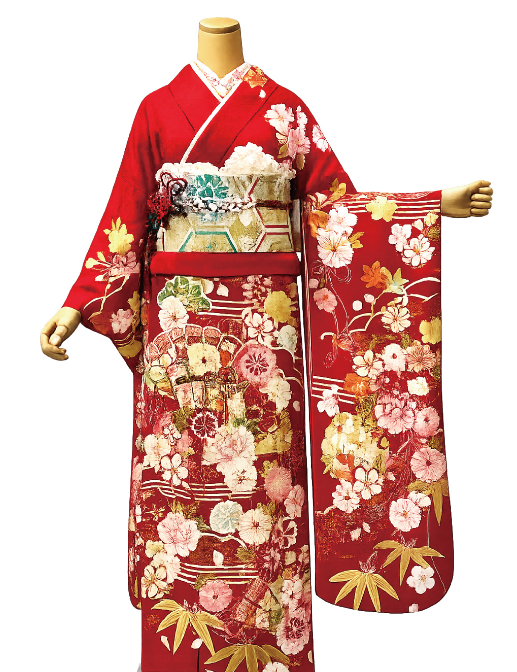 赤色の扇柄、振袖レンタルMサイズ　扇・桜振袖レンタルです。