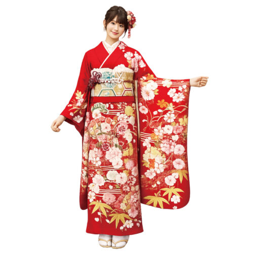 赤色の扇柄、振袖レンタルMサイズ　扇・桜振袖レンタルです。