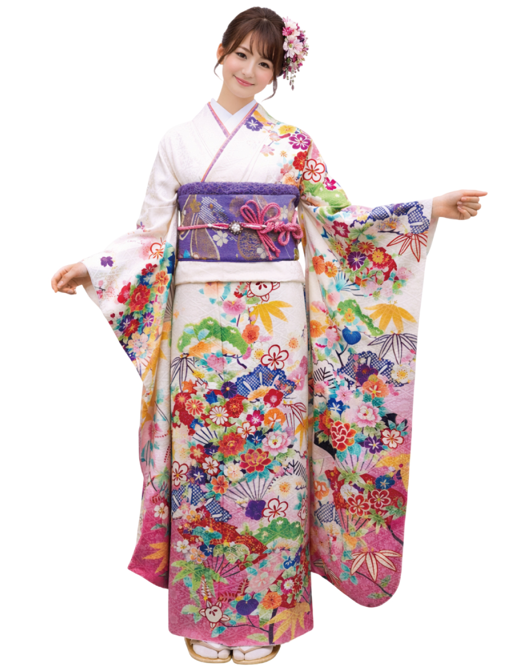 白色の裾に桃色ピンクぼかしの振袖レンタルMサイズです。松竹梅の古典柄。