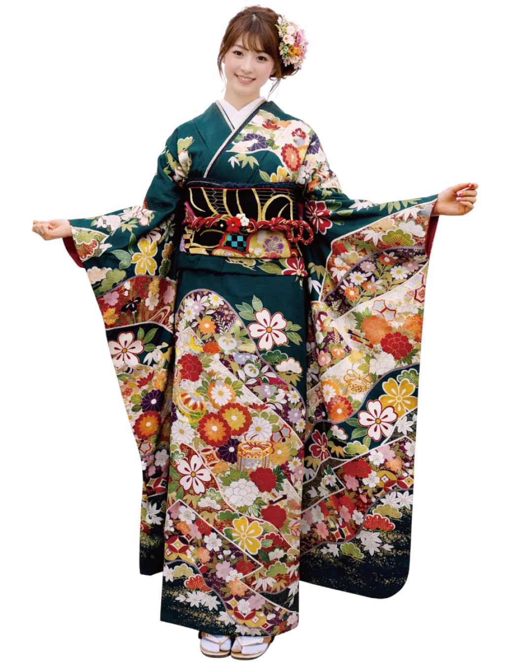 深緑色の振袖レンタル Mサイズ 古典柄