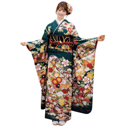 深緑色の振袖レンタル　Mサイズ　古典柄