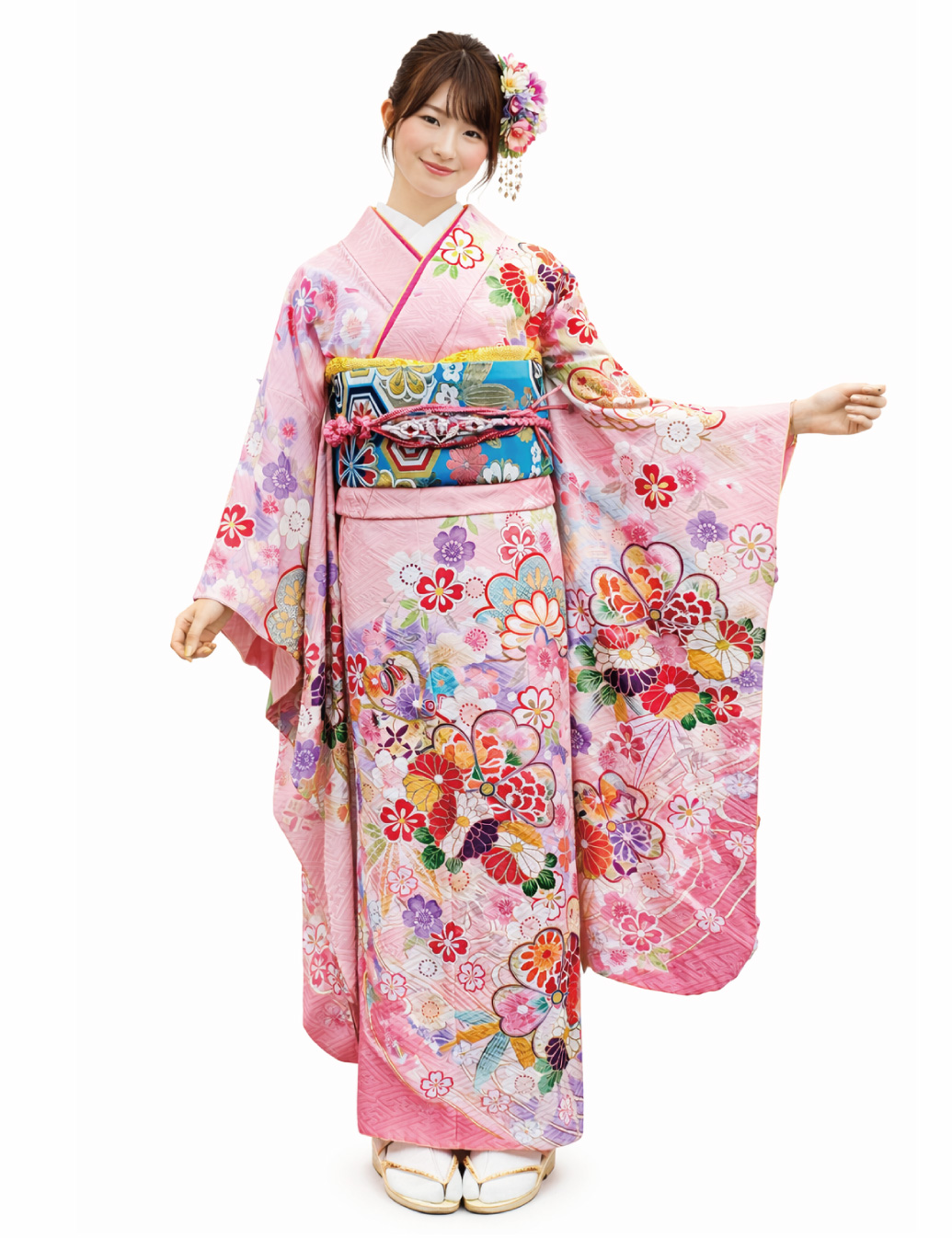 桃色ピンク振袖レンタル。Sサイズの身長が低いかたも大丈夫。流水と桜柄の振袖です。