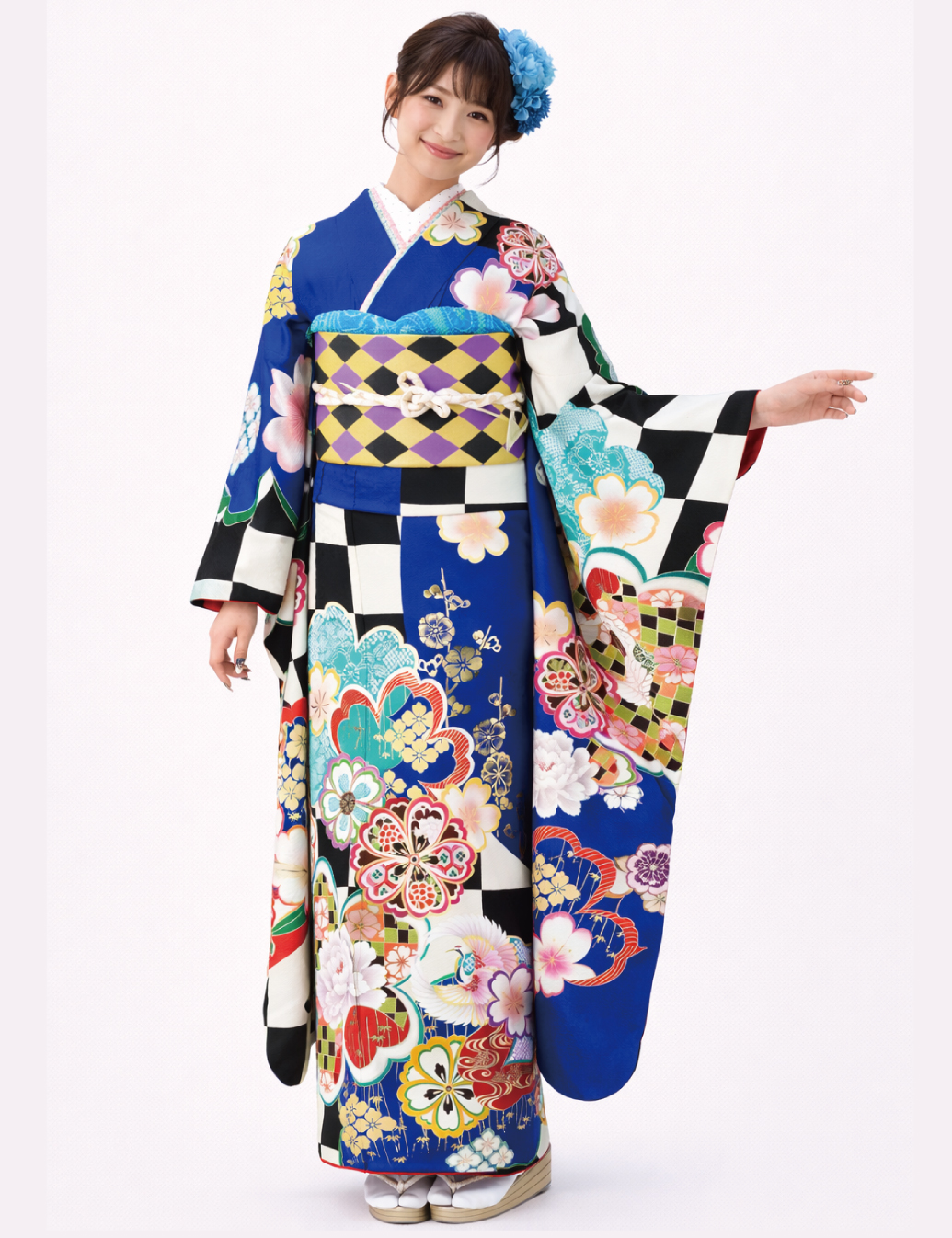振袖レンタルSサイズです。青色モダンな市松柄