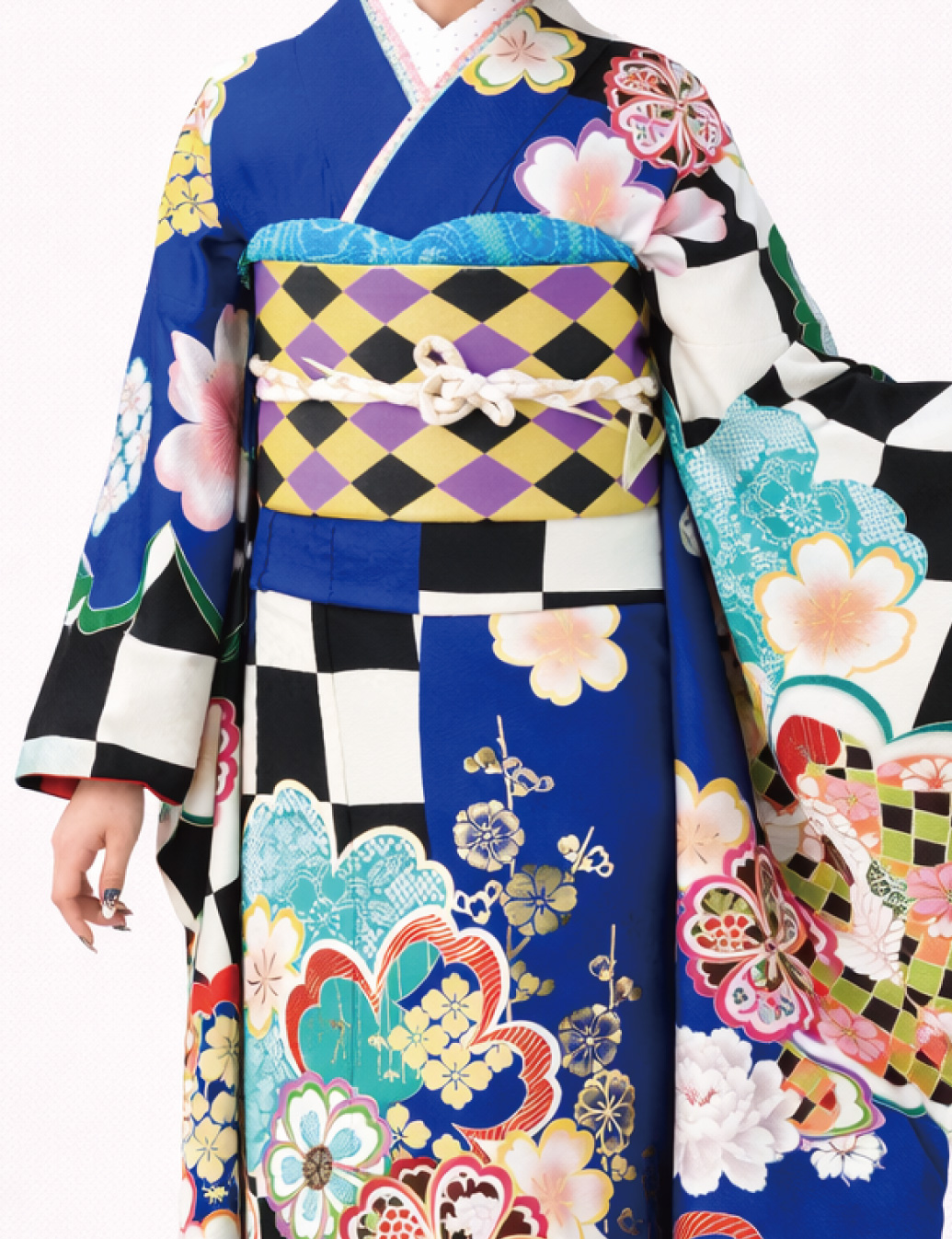 振袖レンタルSサイズです。青色モダンな市松柄