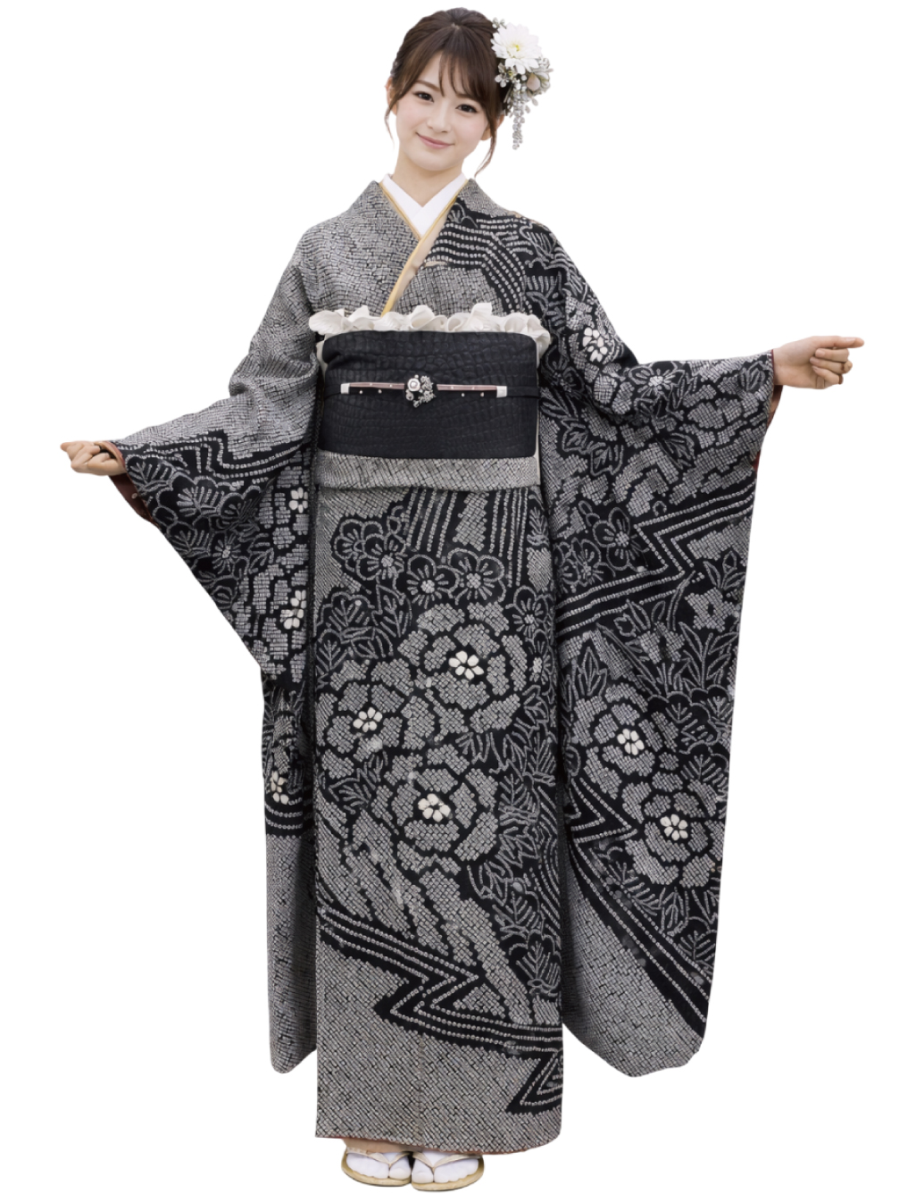 振袖レンタル　Mサイズ　黒色　総絞り　クロコ調袋帯