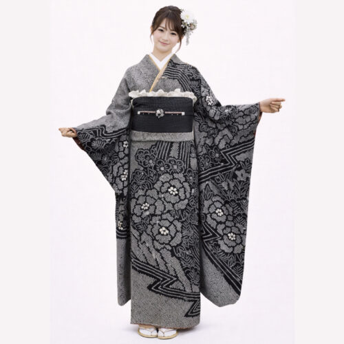 振袖レンタル　Mサイズ　黒色　総絞り　クロコ調袋帯