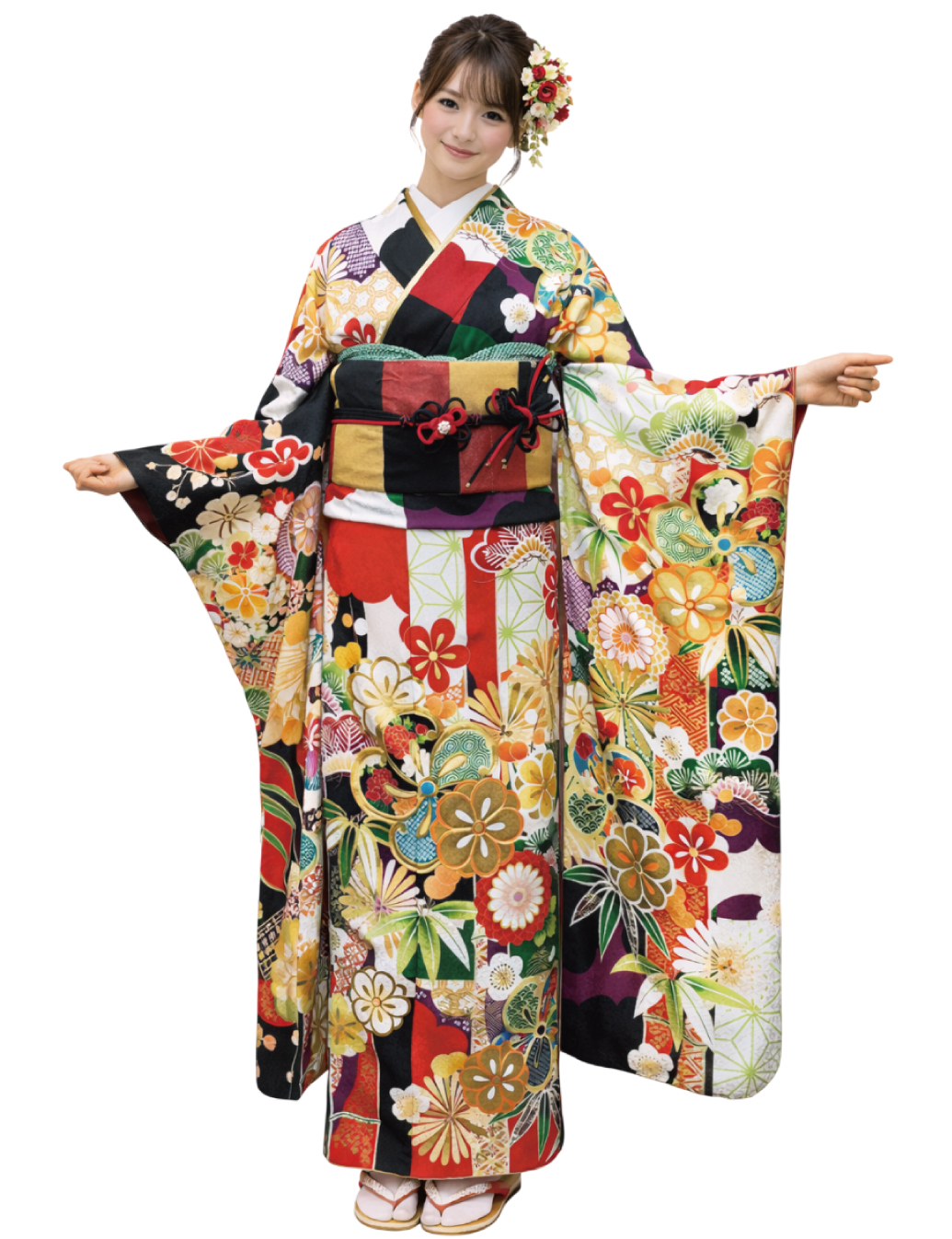 振袖レンタル　Mサイズ　黒　白　橙　モダン　多色