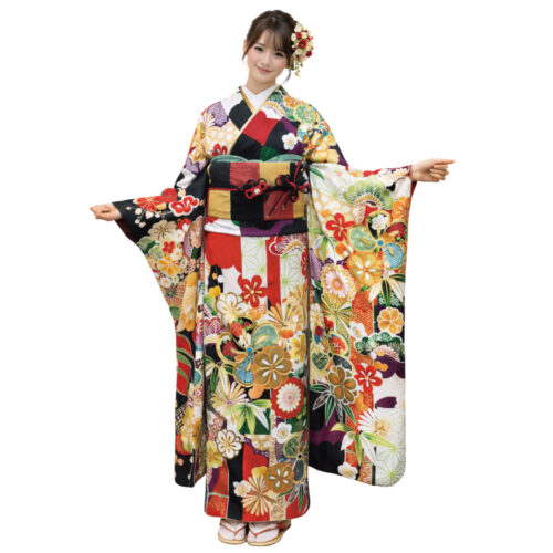 振袖レンタル　Mサイズ　黒　白　橙　モダン　多色