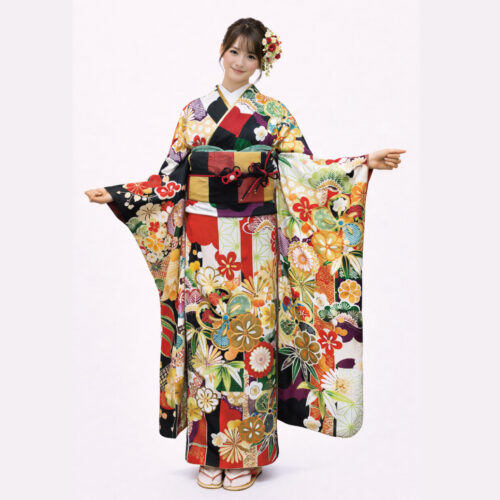 振袖レンタル　Mサイズ　黒　白　橙　モダン　多色