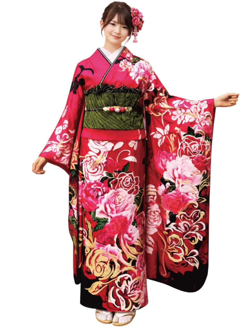 ピンク色の薔薇柄、振袖レンタルMサイズ　濃い桃　バラ