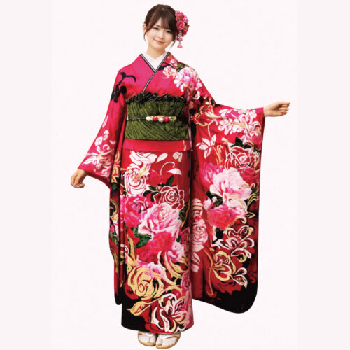 ピンク色の薔薇柄、振袖レンタルMサイズ　濃い桃　バラ