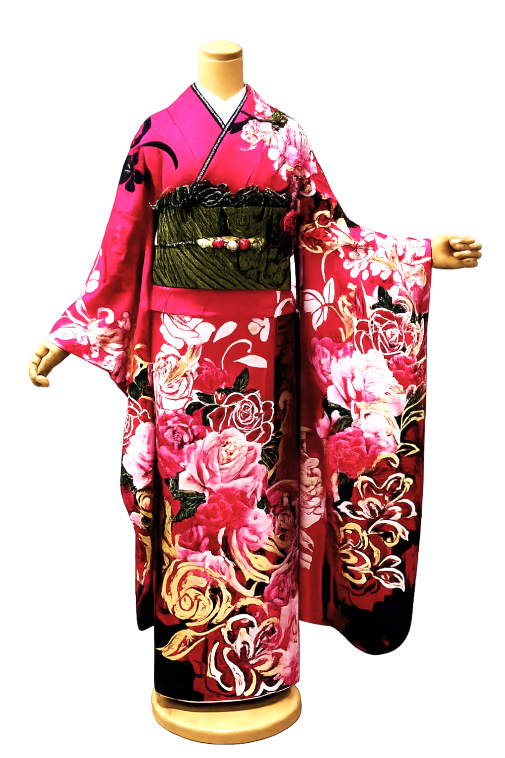 ピンク色の薔薇柄、振袖レンタルMサイズ　濃い桃　バラ