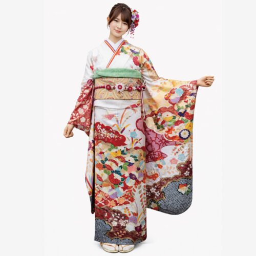 白色　豪華京友禅の振袖レンタル