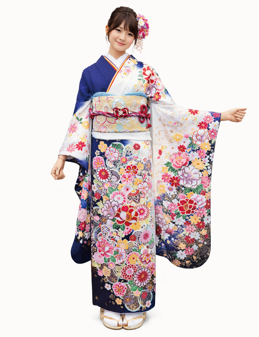 姫路市　振袖レンタル　成人式の振袖Sサイズです。青色と白色の小花の可愛い振袖レンタルです。