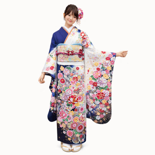 姫路市　振袖レンタル　成人式の振袖Sサイズです。青色と白色の小花の可愛い振袖レンタルです。