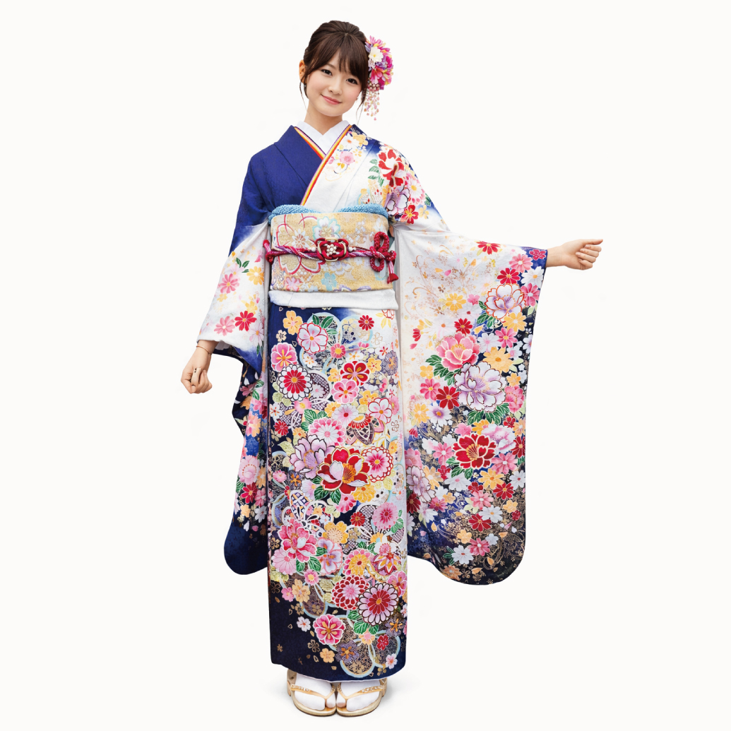 姫路市 振袖レンタル 成人式の振袖Sサイズです。青色と白色の小花の可愛い振袖レンタルです。