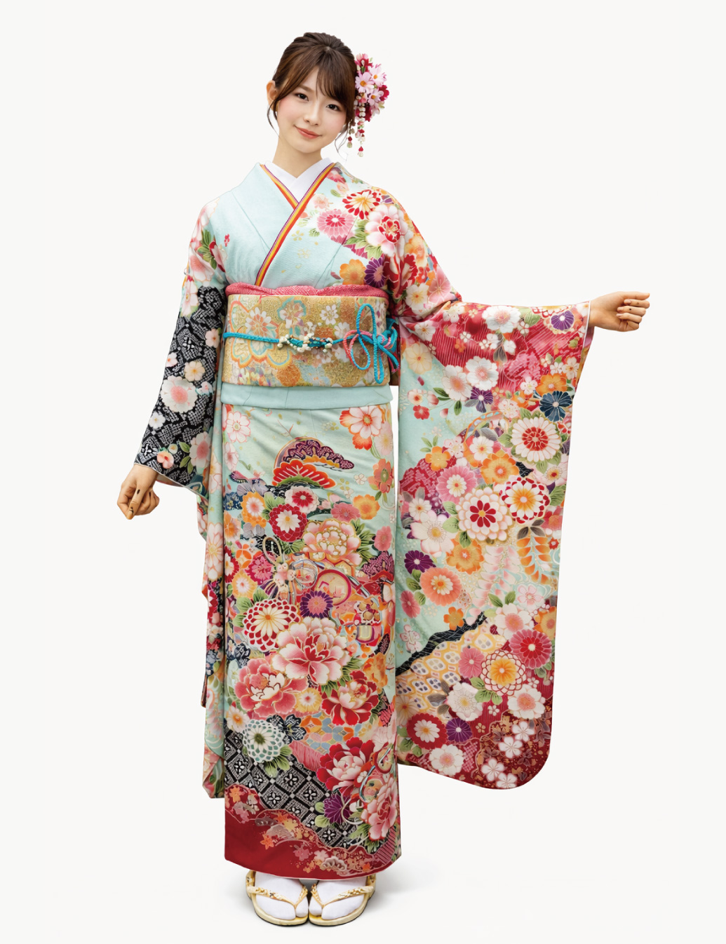 水色、花柄の振袖レンタル