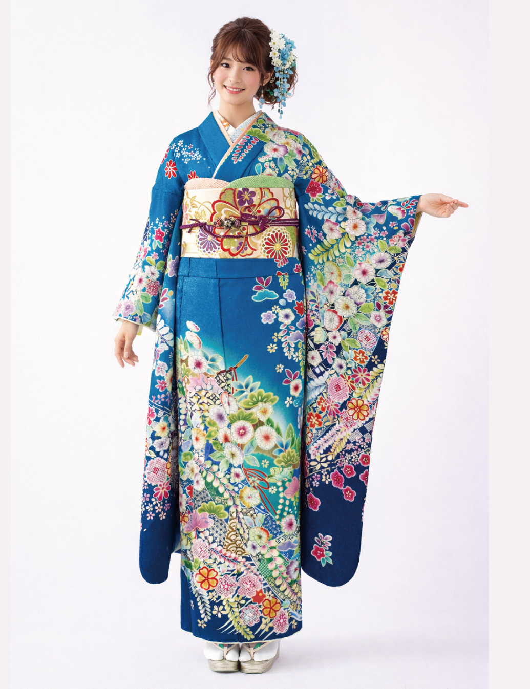 青色の辻が花の振袖レンタル