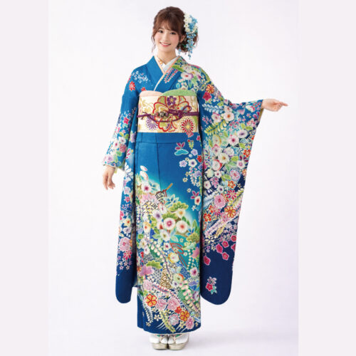 青色の辻が花の振袖レンタル