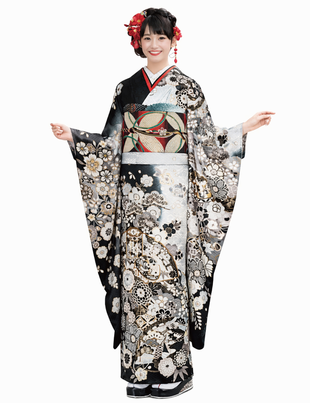兵庫県 姫路 振袖レンタル LL サイズ 白 黒 ゴージャス
