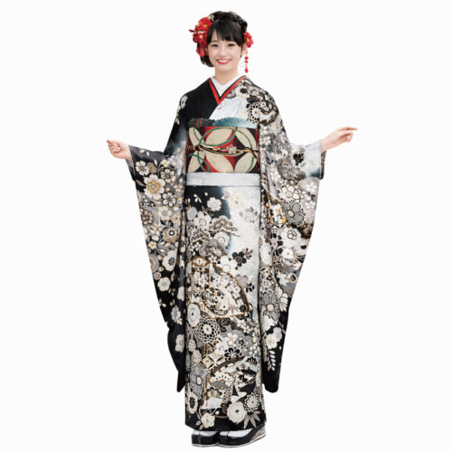 兵庫県　姫路　振袖レンタル　LL　サイズ　白　黒　ゴージャス