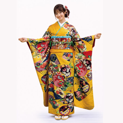 振袖レンタル　LLサイズ　黄色　古典柄　扇