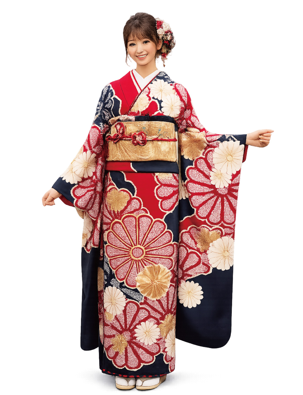 兵庫県姫路市　振袖レンタル　LLサイズ　赤　大柄菊