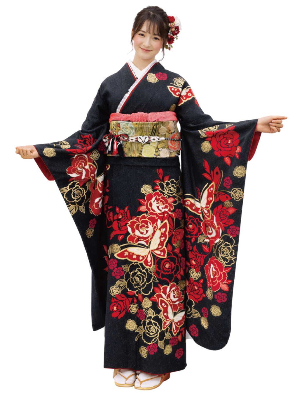 豪華な黒色の振袖レンタル Mサイズ 黒 薔薇 蝶