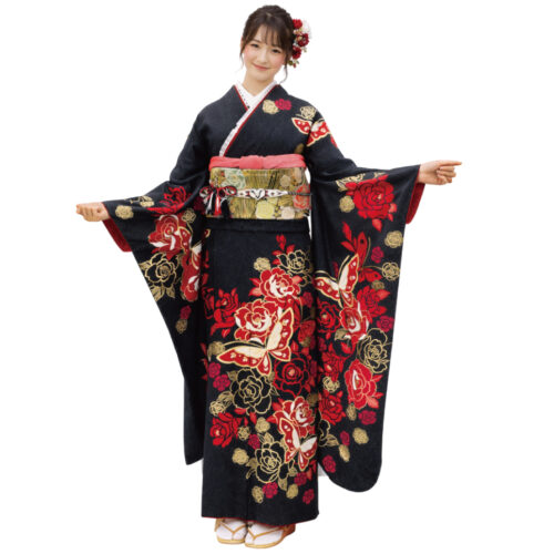 豪華な黒色の振袖レンタル Mサイズ 黒 薔薇 蝶
