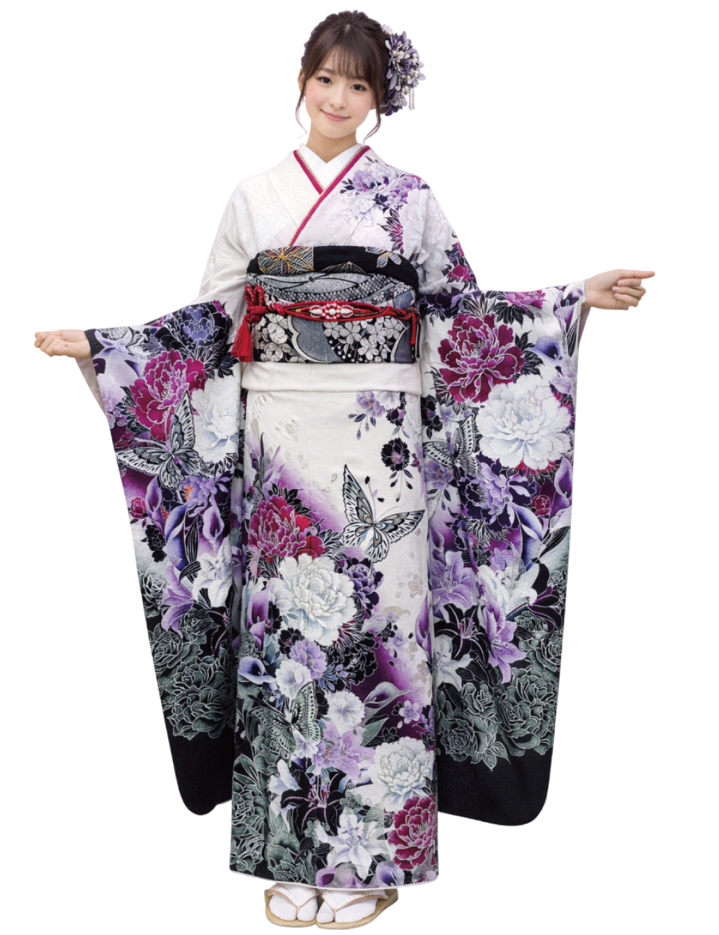 銀彩の豪華な蝶の振袖レンタル　Mサイズです。