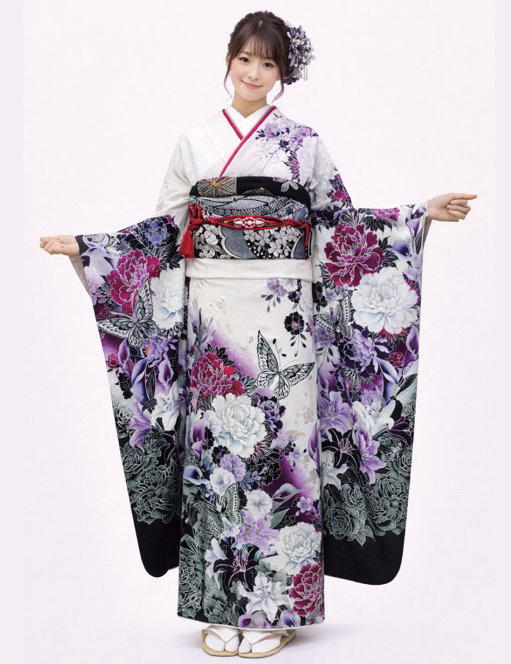 銀彩の豪華な蝶の振袖レンタル　Mサイズです。